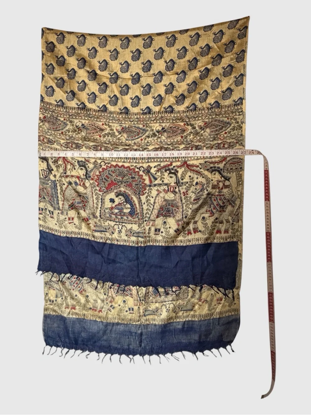 Indian Silk-Style Madhubani Folk Art Scarf Shawl Blue Gold 28x40